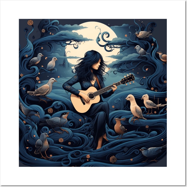 Guitarist with Birds Serene Music Harmony Dream Wall Art by MetaBrush